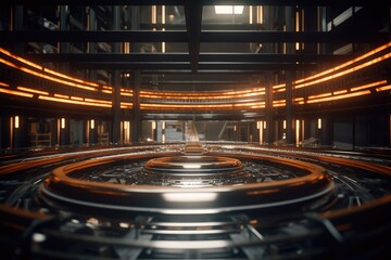 Sci-fi futuristic underground secret hangar warehouse with neon lighting effects Generative AI Illustration