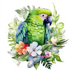 Watercolor painting of a beautiful green parrot with flowers on white background Generative AI Illustration