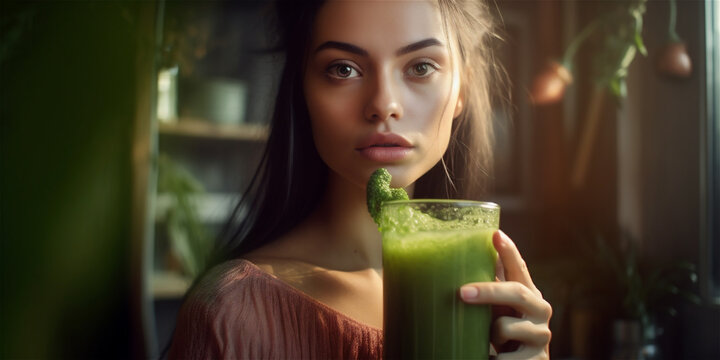 Close Up Of A Beautiful Woman Drinking A Green Smoothie In A Glass, Ai Generated