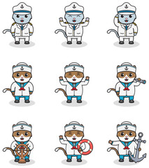 Funny Cat sailors set. Cute Cat characters in captain cap cartoon vector illustration.