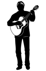 Silhouette of a standing man playing on acoustic guitar. Vector clipart isolated on white.