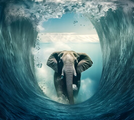 elephant stepping or falling into water weep.waves around animal,ocean sea generative ai 