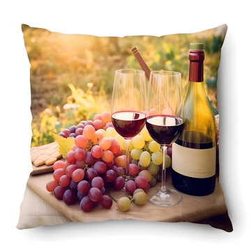 picnic outside, wine grape and glasses, blanket and pillow decoration, golden hour generative ai