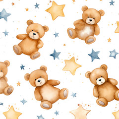 cute cartoon pattern samples for kids pajamas.adorable owl teddy unicorn and stars print,pink blue brown color.generative ai