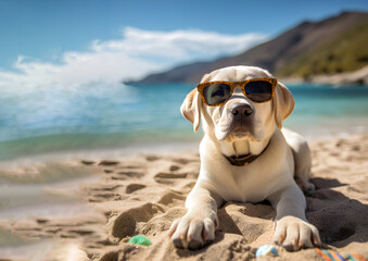 Obraz na płótnie Canvas labrador dog on beach against sea or ocean sunny summer day.animal pet wearing sunglasses generative ai