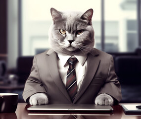 serious face cat in human male man suit in office with laptop in front,watch at hand.business kitty generative ai
