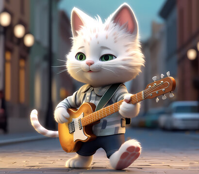 cute cartoon kitty cat kitten playing on guitar on street or isolated on white generative ai 