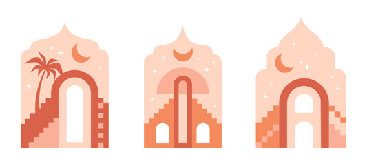 Islamic windows. Oriental muslim frames with mosque, palm trees and arabian night views flat vector illustration set - obrazy, fototapety, plakaty