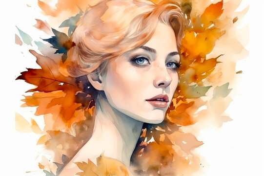 Watercolor portrait of a beautiful woman in autumn leaves. Generative AI illustration