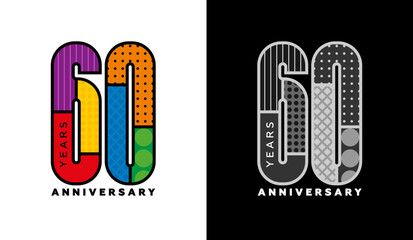 60th anniversary logo set, sixtieth anniversary sign, colorful logo for festive event, invitation, congratulations, web template, flyer and booklet, retro symbol, color logo