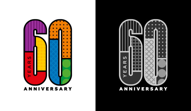 60th anniversary logo set, sixtieth anniversary sign, colorful logo for festive event, invitation, congratulations, web template, flyer and booklet, retro symbol, color logo