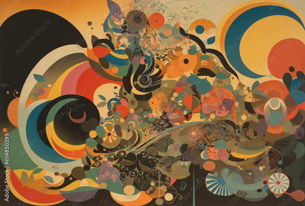 Poster Abstract background in the style of expressionism, modern and Bauhaus. Artistic abstraction with colorful circles and lines. Generative AI.