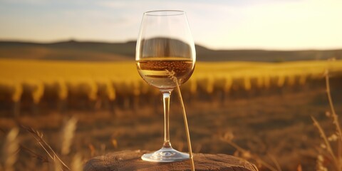 Obraz premium AI Generated. AI Generative. Glass of wine before field vineyard. Alcohol beverage vibe. Graphic Art