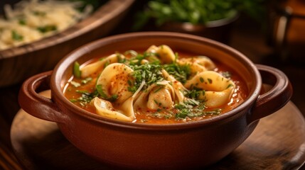 Tortellini in Brodo featuring rich colors and textures, garnished with fresh parsley and served in a rustic bowl