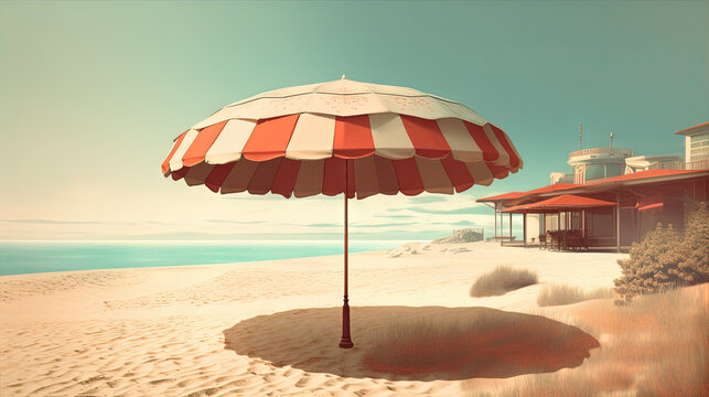 Umbrella on the hot sand of the beach. Grungy card with vacation scene of parasol on the shore line. Generative AI.