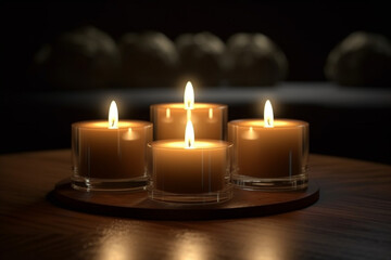 Obraz na płótnie Canvas Calm and Cosy: Tee candles creating a serene and inviting atmosphere in the darkness. Generative AI