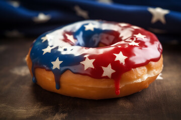 Donut with american flag on wooden background. Toned. - obrazy, fototapety, plakaty