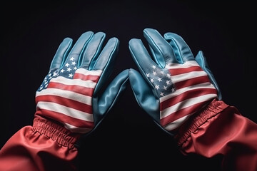 Close-up of hands in medical gloves with USA flag on black background.    - obrazy, fototapety, plakaty