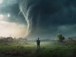 A man stands on green grass and looks at a tornado approaching him. Around broken trees and branches. - obrazy, fototapety, plakaty