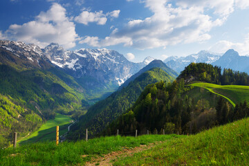 Spring landscape in the Triglav National Park. Breathtaking peaks of the Julian Alps. Triglav National Park, Slovenia, Europe