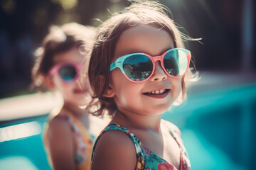 Portrait of Two Adorable cute little girls in sunglasses at pool. Summer Vacation Fun. Generative AI. 