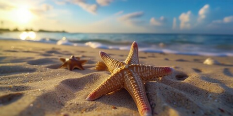 Naklejka na ściany i meble AI Generated. AI Generative. Sea navy nautical marine starfish beach island sand ocean vacation relax sun vibe. Graphic Art