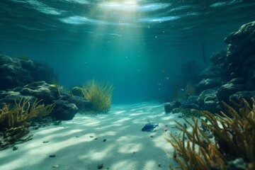 Fototapeta 3D rendered underwater scene with sandy bottom and blue surface. Generative AI obraz