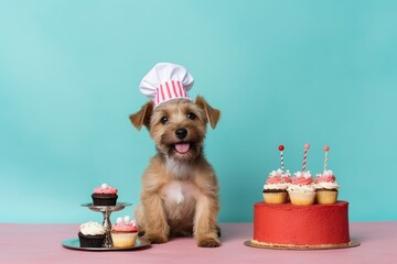 Cute dog with a birthday colorful cake with a candles on a blue background with space for text. Generative AI