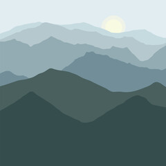Sunset in the mountains. Scenery. Vector illustration. Sunrise.