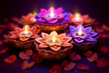 Festive Radiance: Clay diya lamps in various hues, complemented by flowers on purple Generative AI