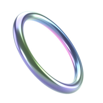 3d render shape metallic holographic abstract ring. Glossy geometric primitive object round isolated transparent png. Iridescent trendy design