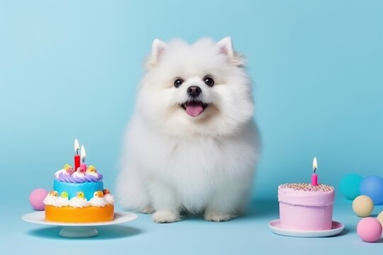 Cute fluffy dog with a birthday colorful cake with a candles on a blue background with space for text. Generative AI