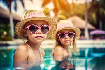 Portrait of Two Adorable cute little girls in sunglasses at pool. Summer Vacation Fun. Generative AI. 