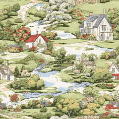 Seamless pattern, English countryside landscape and cottage country style print for wallpaper, wrapping paper, scrapbook, fabric and product design, generative ai