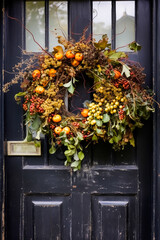 Fototapeta na wymiar Autumn wreath decoration on a classic door entrance, welcoming autumn holiday season with autumnal decorations, generative ai