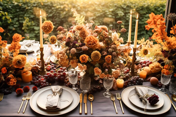 Autumn table scape, autumnal dinner table setting, holiday tablescape for wedding, birthday or party event celebration, generative ai