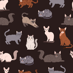 Fototapeta na wymiar Seamless vector pattern of flat sitting or lying cute cartoon cats, British shorthair, Cornish rex, Burmese cat and other exotic breeds