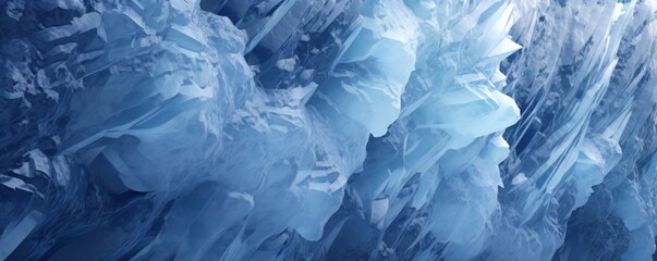 Obraz premium Luminous blue crystal ice glacial texture palace arctic frost snow ice, fog, foreboding,diffused light, smooth sharp rendering, hyper realistic, Intricate fine details Generative AI
