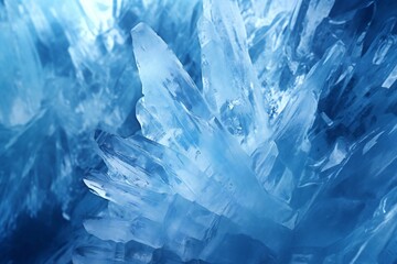 Obraz premium Luminous blue crystal ice glacial texture palace arctic frost snow ice, fog, foreboding,diffused light, smooth sharp rendering, hyper realistic, Intricate fine details Generative AI