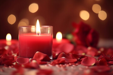 Obraz na płótnie Canvas Romantic Ambiance: Red candles and rose petals setting a romantic mood Generative AI