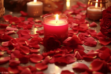 Romantic Ambiance: Red candles and rose petals setting a romantic mood Generative AI