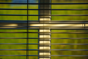Horizontal metal office window blinds with an evening view of green nature.