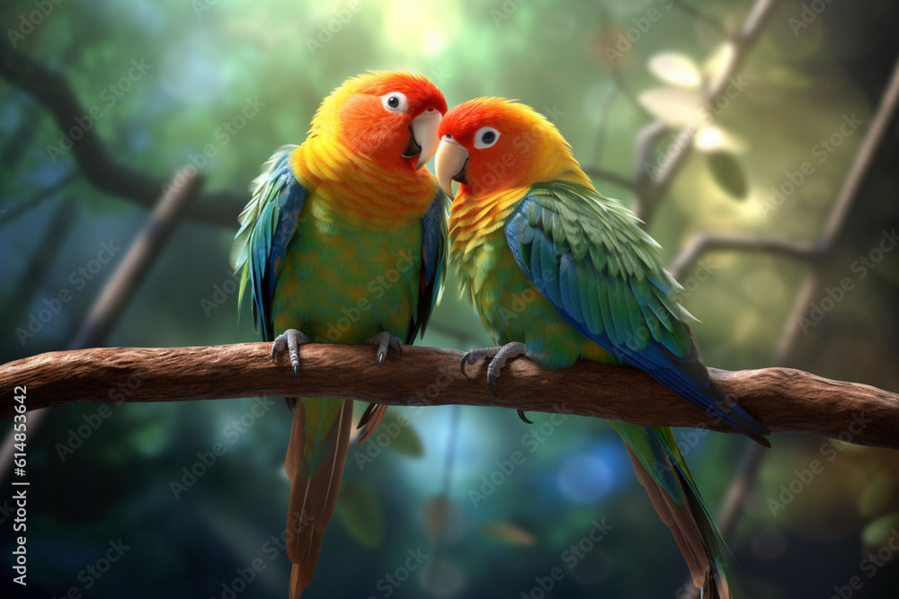 Poster a pair of lovebirds sitting on a perch, representing the harmony and affection found in avian compan