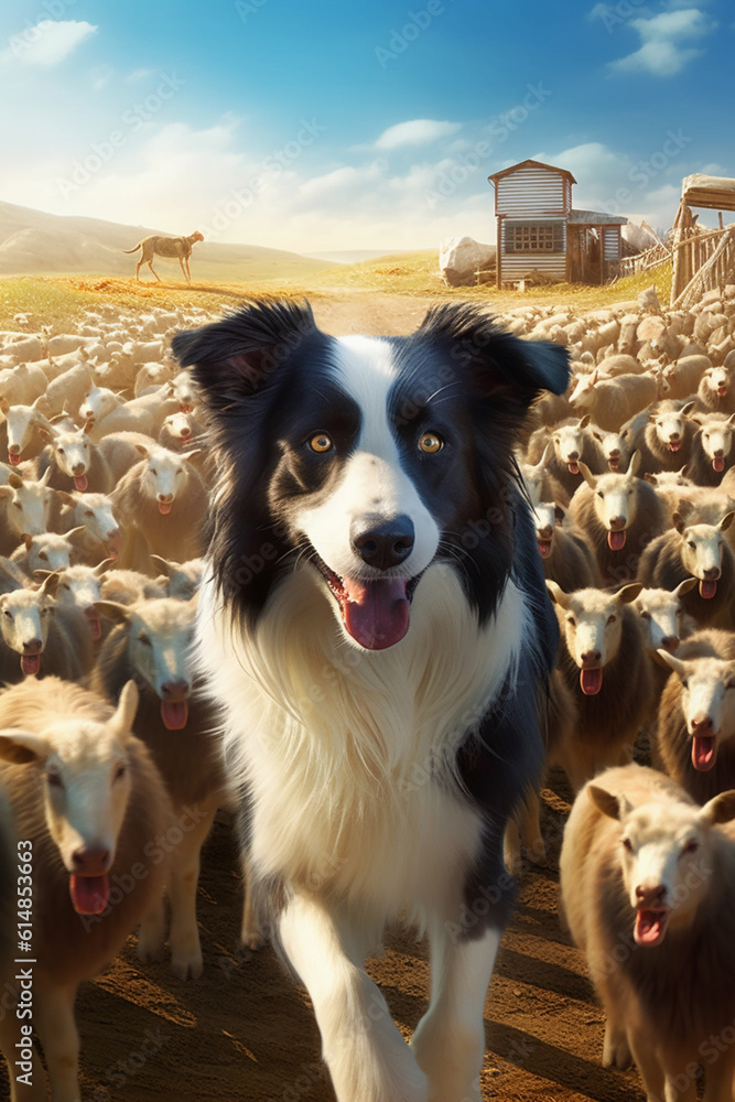 Poster a well-trained border collie herding sheep on a farm, symbolizing the intelligence and working abili