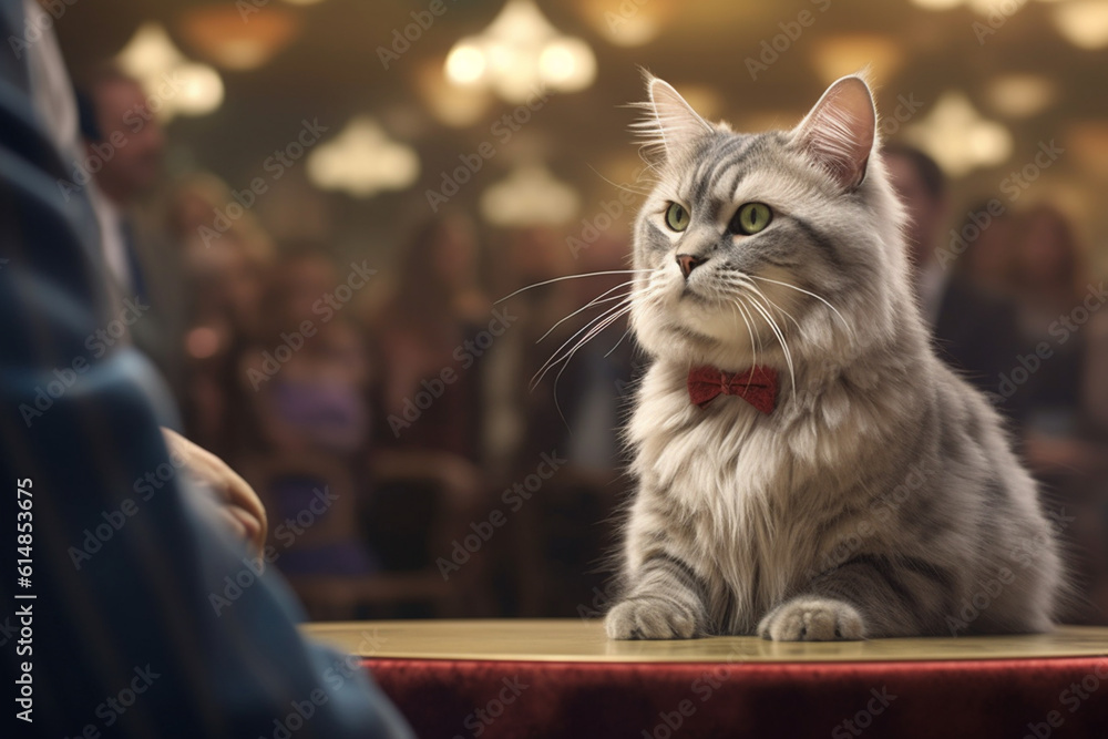 Aufkleber A well-groomed show cat being admired by a judge in a cat show, highlighting the variety and beauty of different cat breeds.  Generative AI technology.