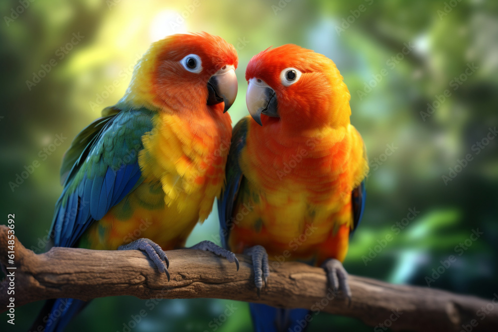 Poster a pair of lovebirds sitting on a perch, representing the harmony and affection found in avian compan