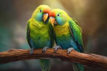 Fototapeta na wymiar A pair of lovebirds perched on a branch, symbolizing the affection and strong bond between these small parrot species and their owners. Generative AI technology.