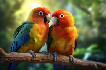 Fototapeta na wymiar A pair of lovebirds sitting on a perch, representing the harmony and affection found in avian companionship. Generative AI technology.