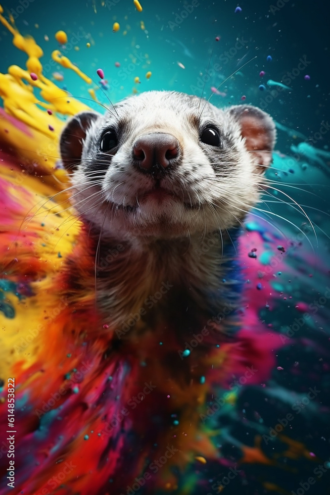 Poster an abstract surreal photograph of a ferret splashed in bright paint, contemporary colors and mood so