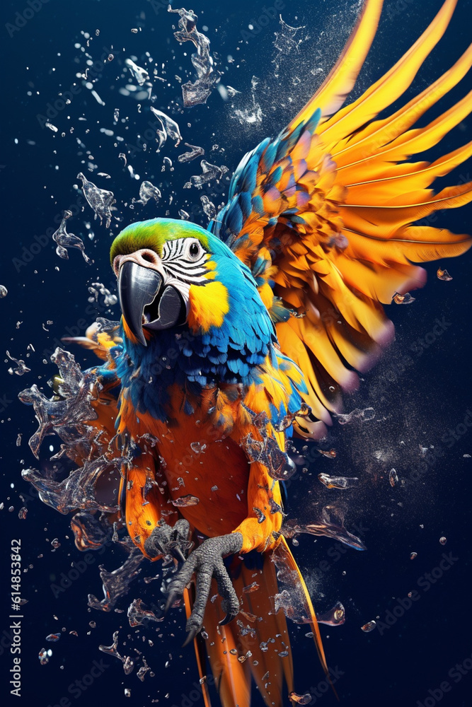 Poster an abstract surreal photograph of a parrot splashed in bright paint, contemporary colors and mood so